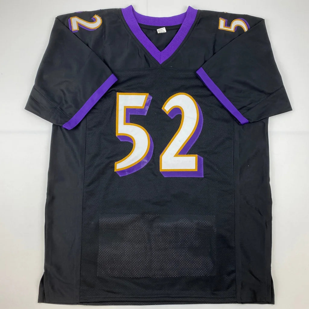 Autographed ray lewis baltimore black stat football custom jersey with purple gold accents number 52 professional sports league