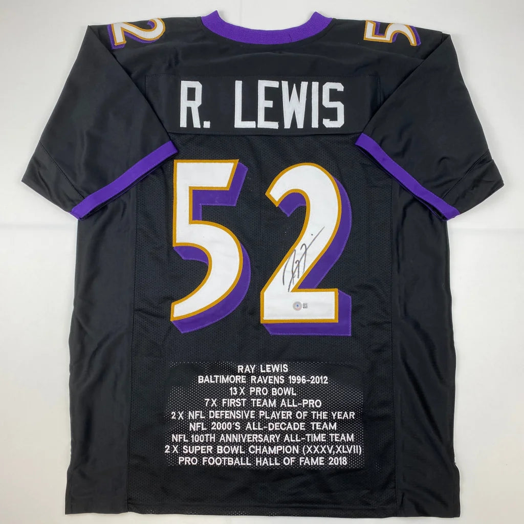 Autographed black Baltimore Ravens custom jersey with purple and gold accents featuring Ray Lewis from professional sports league
