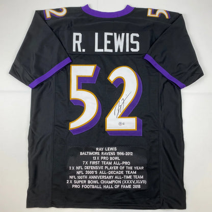 Autographed black Baltimore Ravens custom jersey with purple and gold accents featuring Ray Lewis from professional sports league