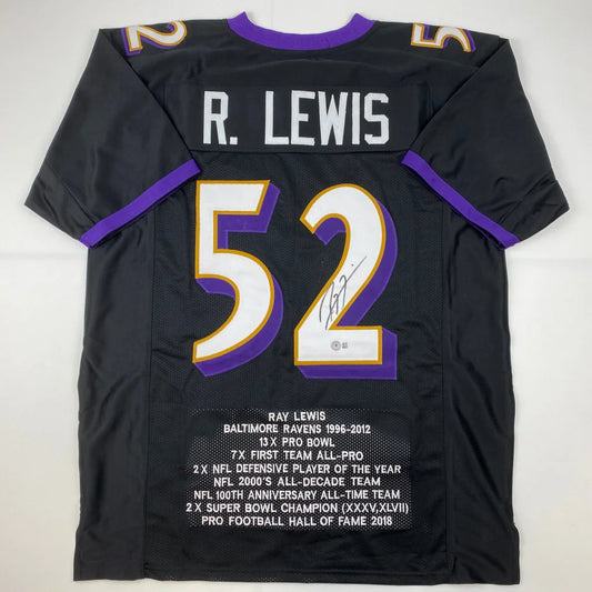 Autographed black Baltimore Ravens custom jersey with purple and gold accents featuring Ray Lewis from professional sports league