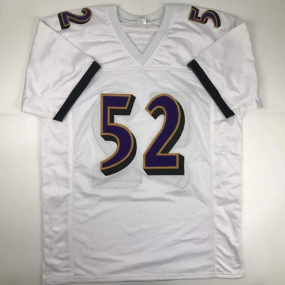 White custom jersey with number 52, signed Ray Lewis, perfect for professional sports fans