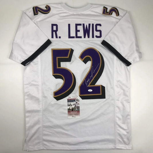 Autographed Ray Lewis #52 Baltimore Ravens jersey, a pro sports league custom jersey