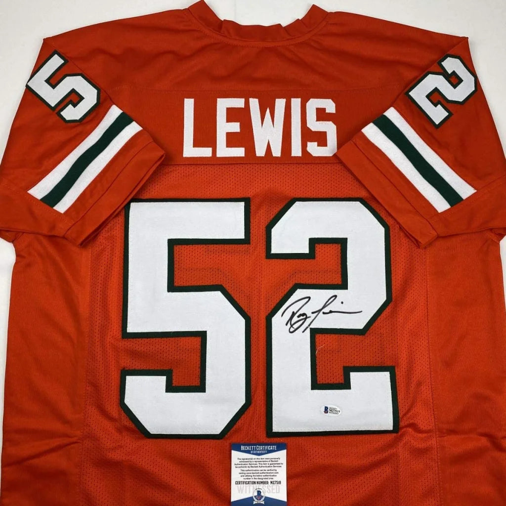 Back of autographed ray lewis miami orange college football custom jersey with white black numerals for professional sports league