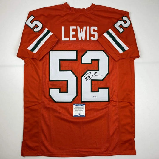 Back view of autographed ray lewis miami orange college football custom jersey with white black numerals and signature