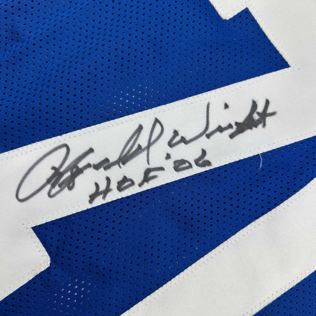 Blue and white custom jersey with autograph from a professional sports league