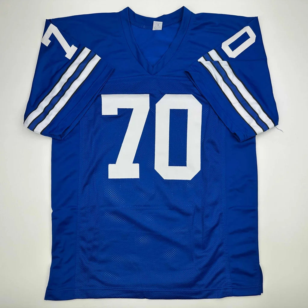 Blue long-sleeved custom jersey with white stripes and number 70 for professional sports league