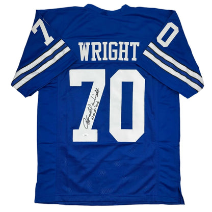 Blue custom jersey with WRIGHT 70 for professional sports league collectible