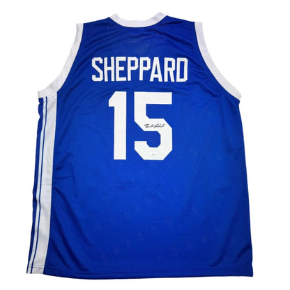 Blue custom jersey with SHEPPARD 15 for professional sports league fans