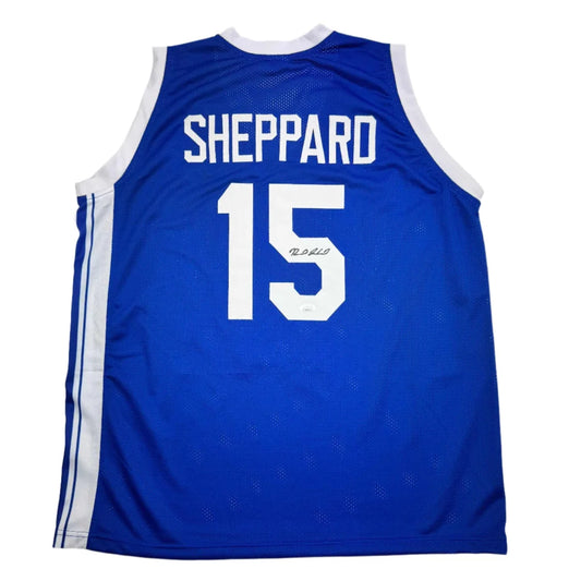 Blue custom jersey with SHEPPARD 15 for professional sports league fans