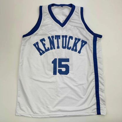 White basketball jersey with blue trim and number 15 for Completely Unique Professional Sports League