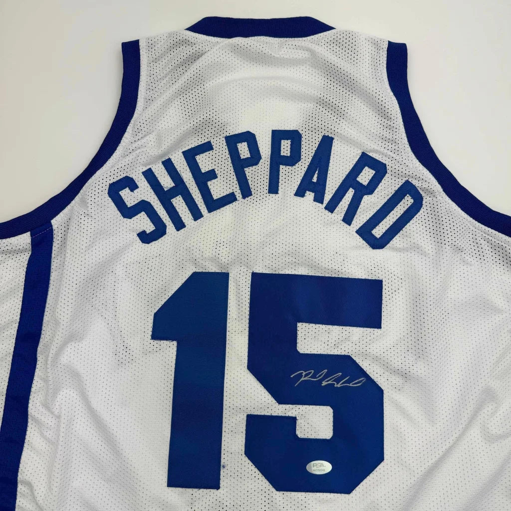 White and blue professional sports league SHEPPARD jersey with autograph and number 15