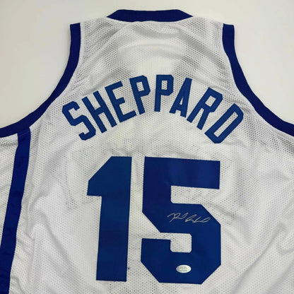 White and blue professional sports league SHEPPARD jersey with autograph and number 15