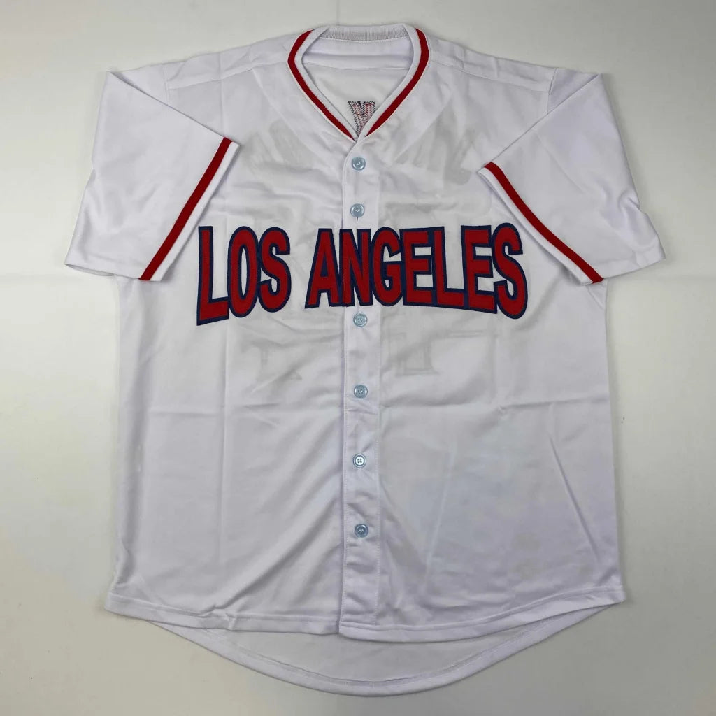 Autographed Reggie Jackson white Los Angeles baseball jersey with red trim