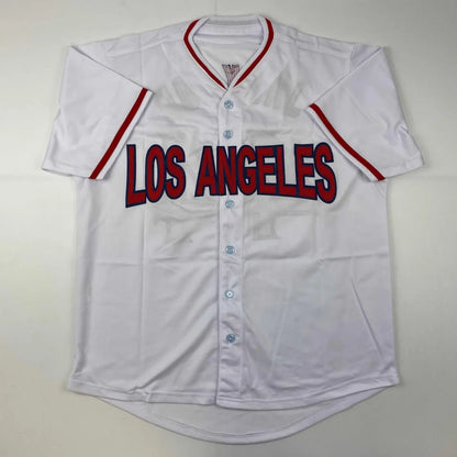 Autographed Reggie Jackson white Los Angeles baseball jersey with red trim
