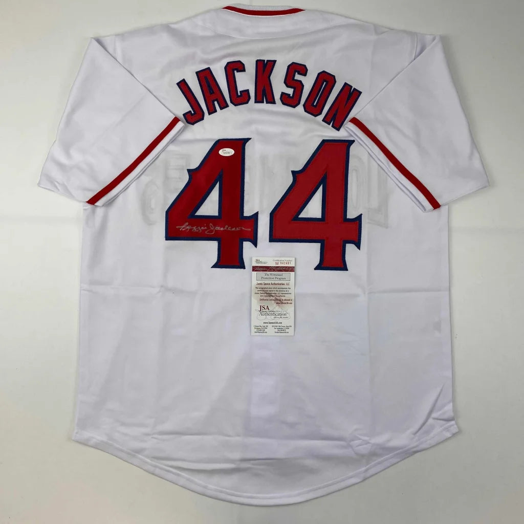 Autographed Reggie Jackson white custom jersey with name Jackson and number 44
