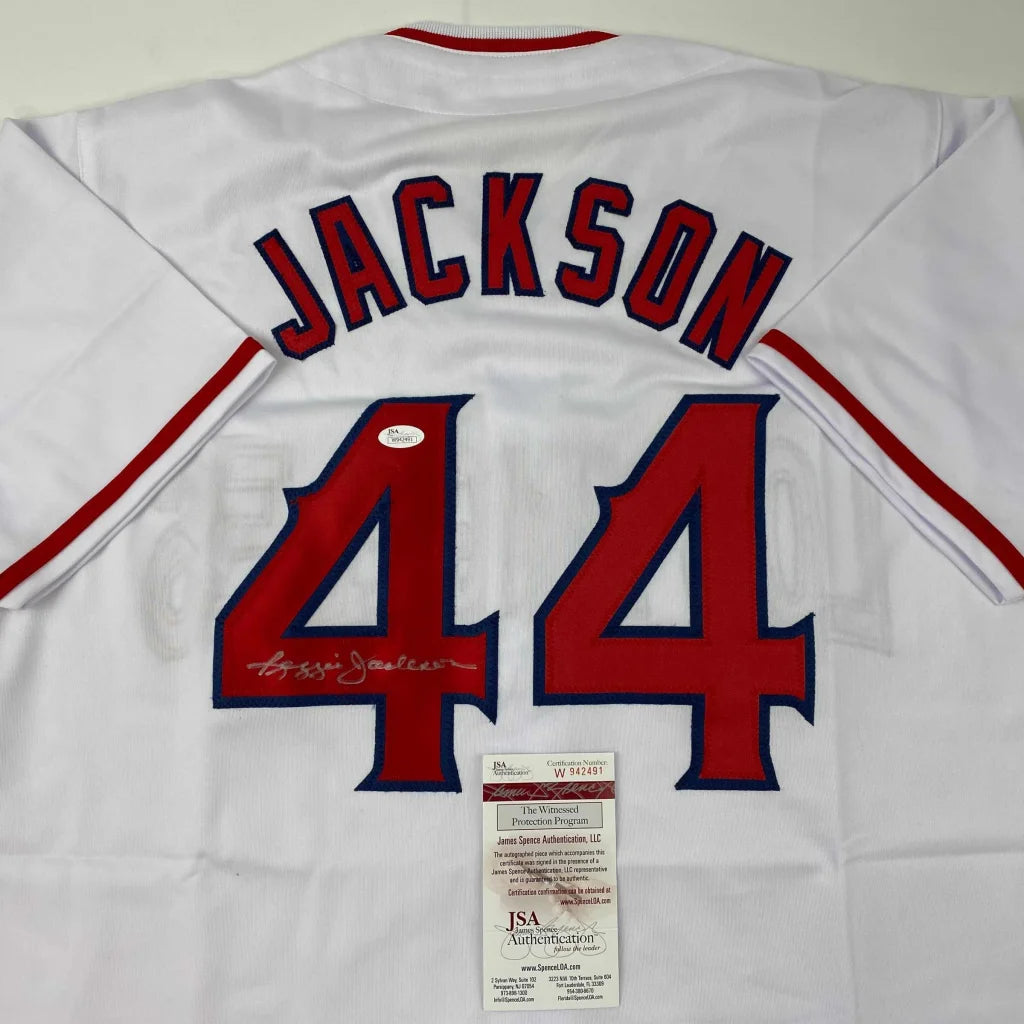 Autographed Reggie Jackson white custom jersey with Jackson 44, JSA COA