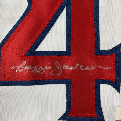 Autographed Reggie Jackson custom jersey with red number 4 on white MLB fabric