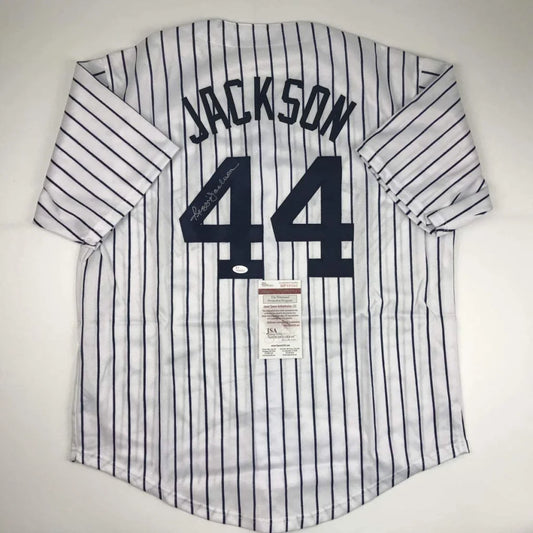 Autographed Reggie Jackson New York NY Pinstripe Baseball Jersey JSA COA | Hall of Fame Sports Memorabilia | vintageantiquesgifts.com