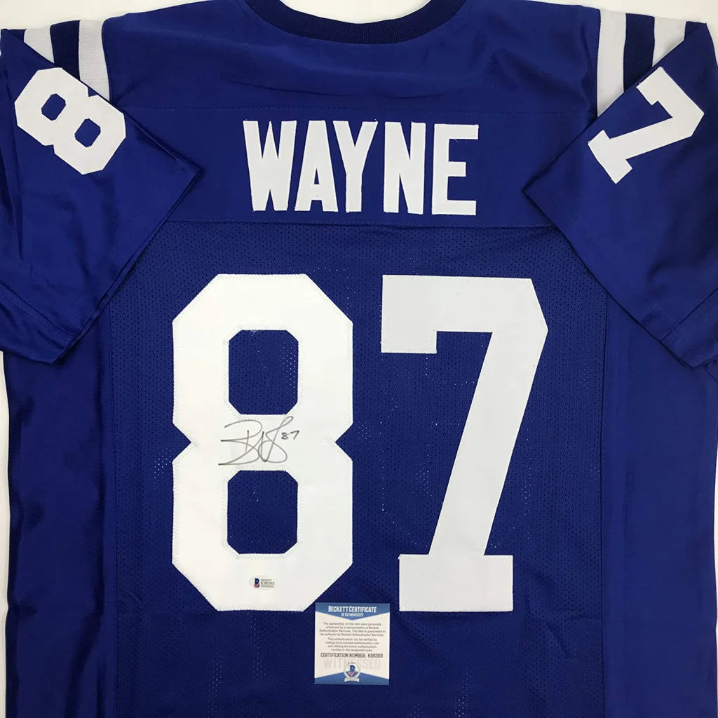 Back of autographed blue indianapolis colts custom jersey with white number 87 wayne signature professional sports league
