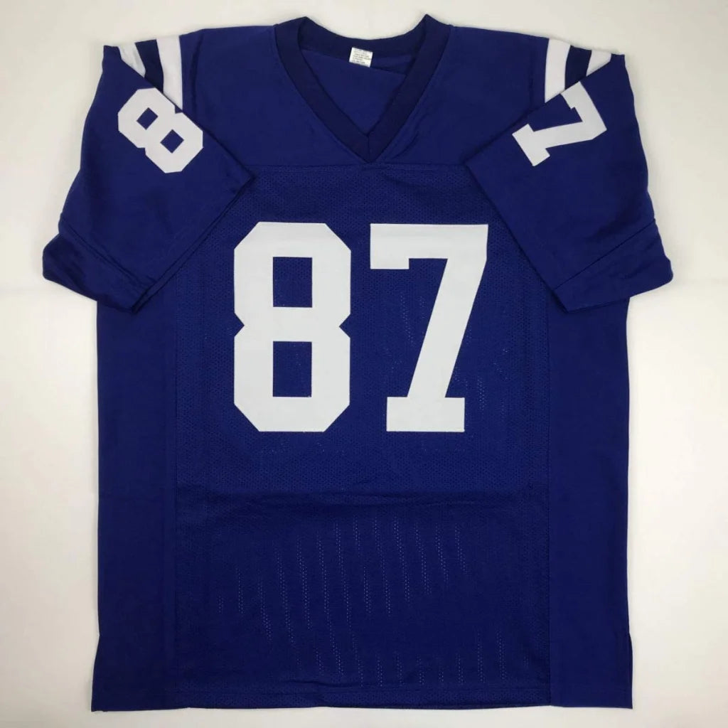 Blue autographed Reggie Wayne custom football jersey with white number 87 made of mesh fabric for professional sports league fans