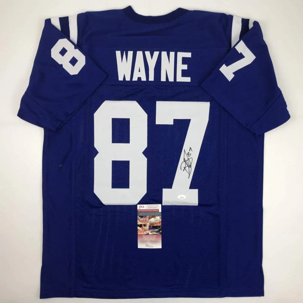 Back view of a royal blue custom jersey featuring wayne 87 signed by reggie wayne from a professional sports league