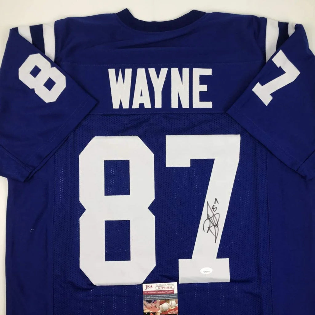 Back of a blue Indianapolis Colts autographed custom jersey with white number 87 and name Wayne from professional sports league