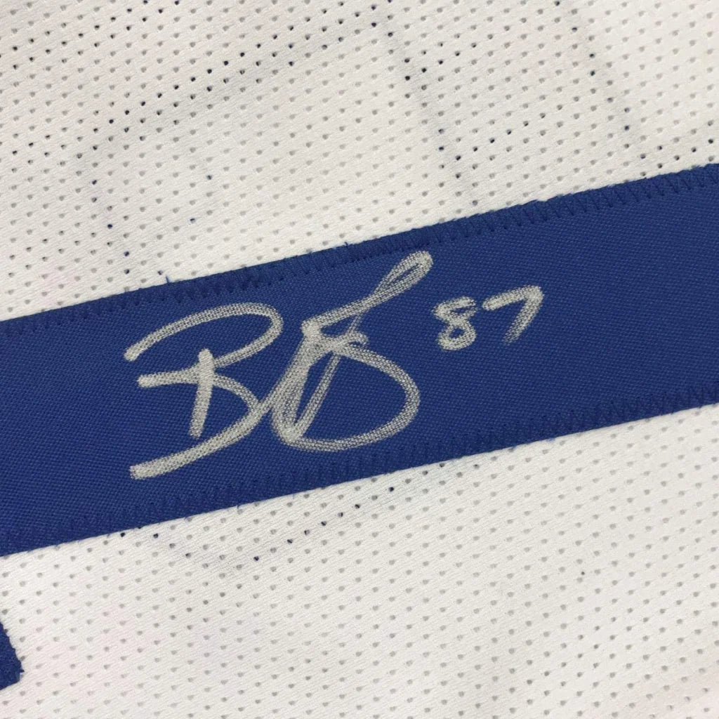 White mesh custom jersey with blue stripe and signature b.s. for professional sports league autograph collection