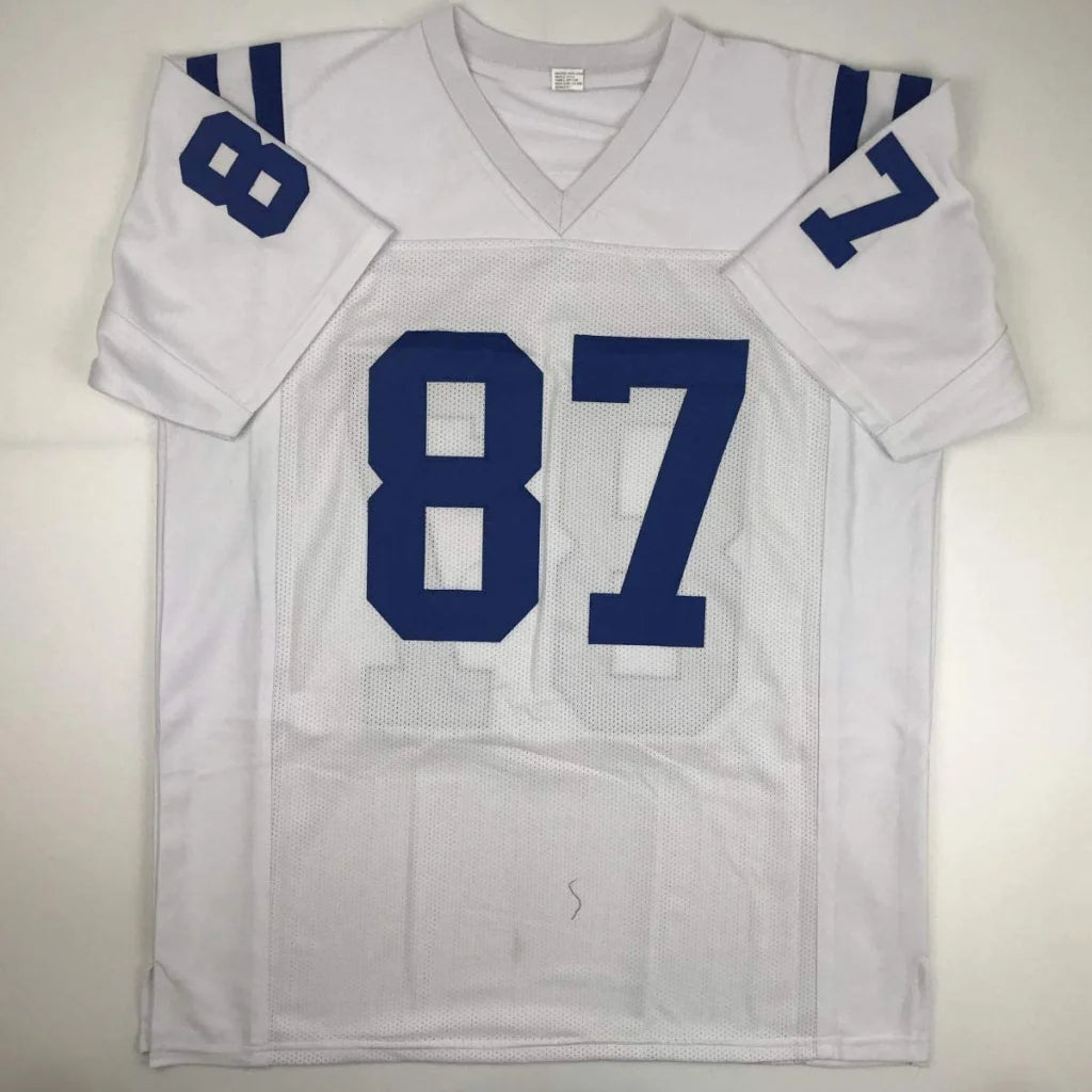 Autographed signed reggie wayne indianapolis custom football jersey white mesh fabric v-neck with navy blue numbers professional sports league