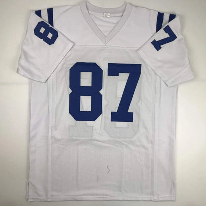 Autographed signed reggie wayne indianapolis custom football jersey white mesh fabric v-neck with navy blue numbers professional sports league