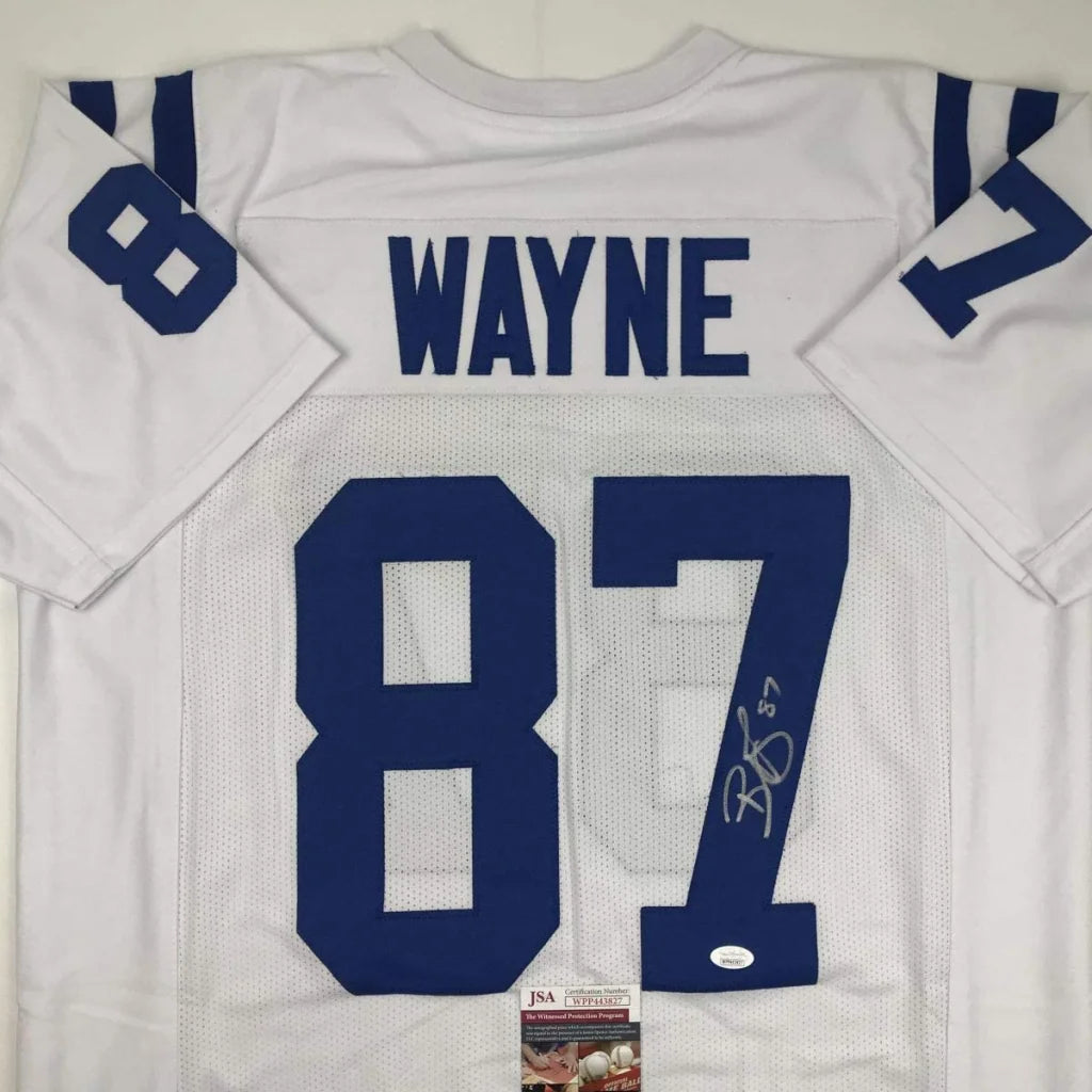 Back of a white custom football jersey with navy blue lettering featuring wayne 87 from a professional sports league