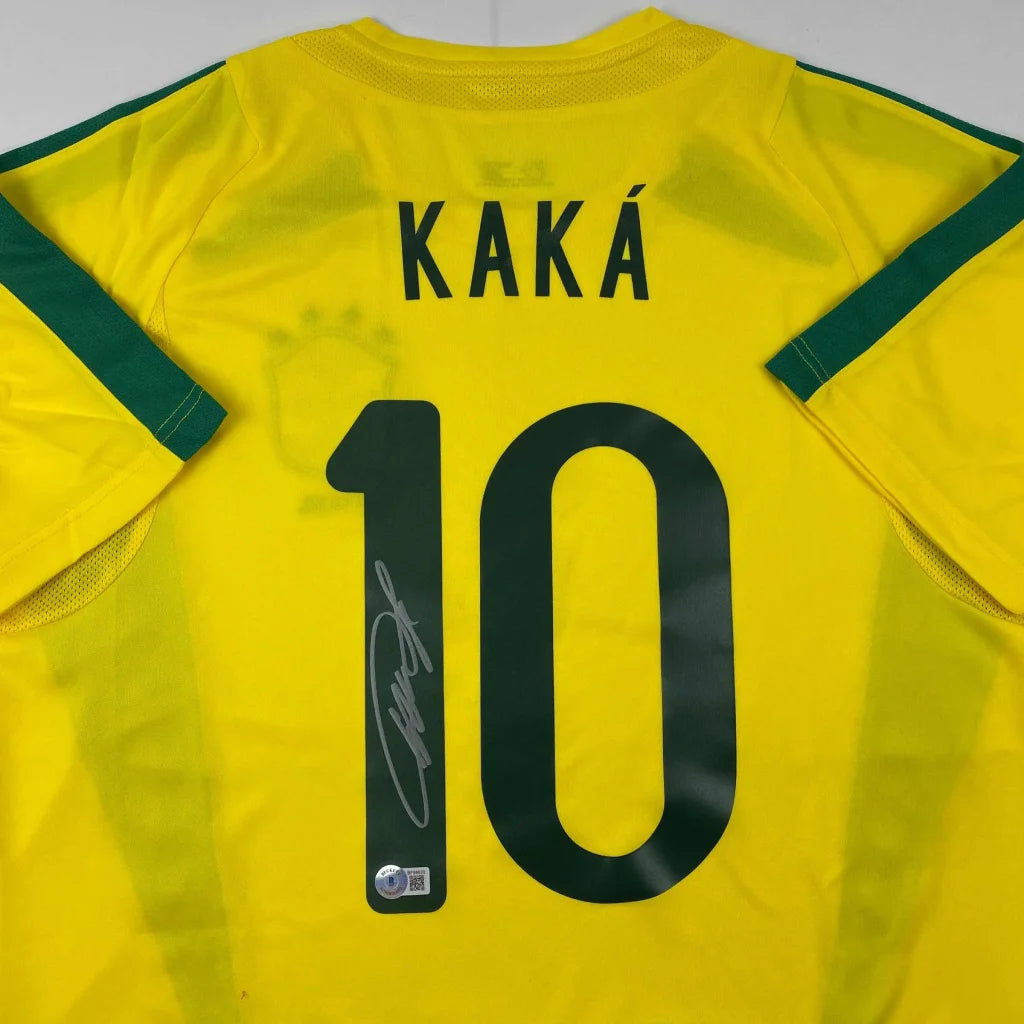 Autographed Kaka Brazil yellow jersey with green stripes, number 10
