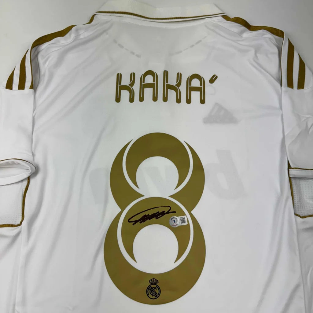 Autographed Kaka Real Madrid white gold retro jersey with number 8