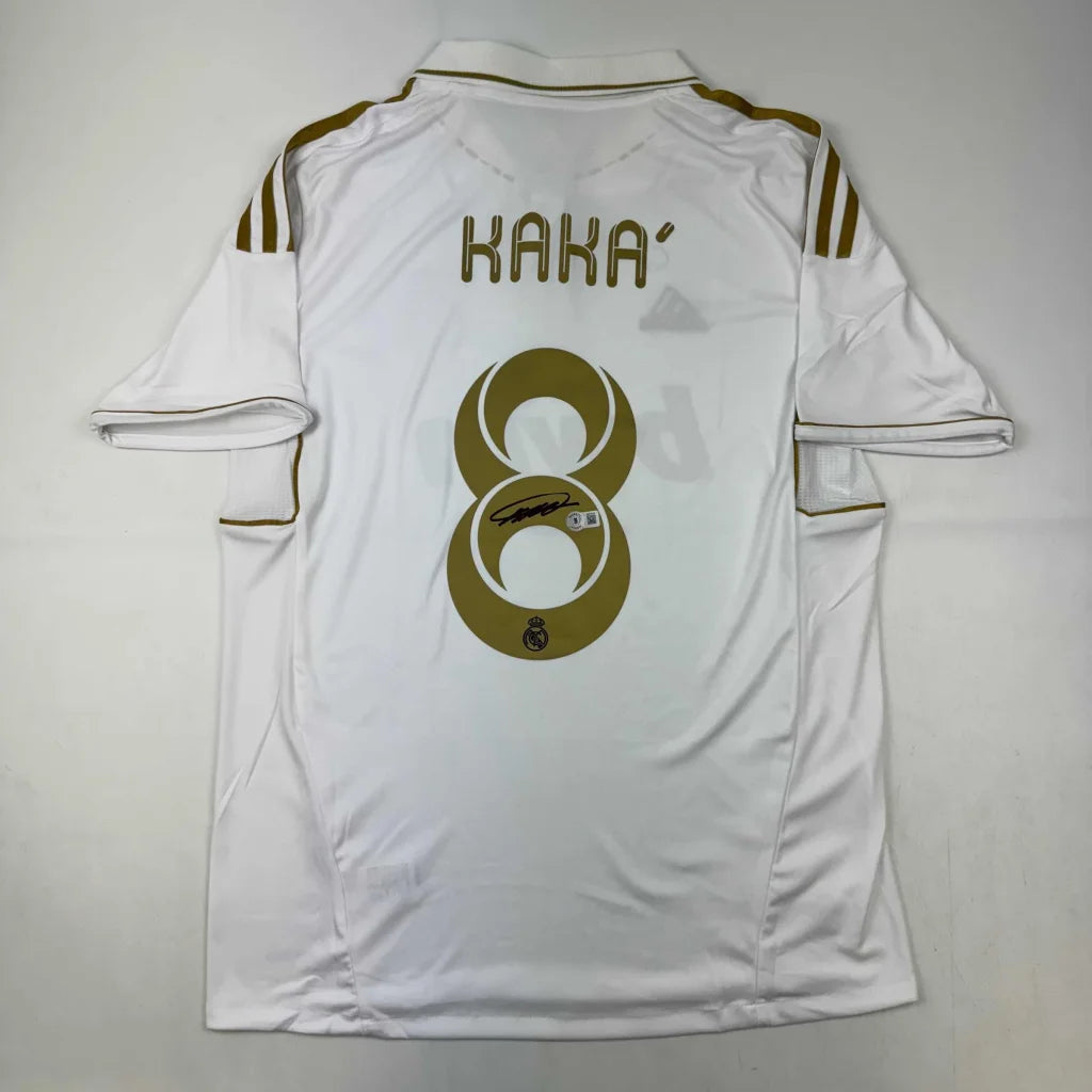 Autographed white Adidas Kaka Real Madrid jersey with gold trim, number 8, signature, Beckett COA