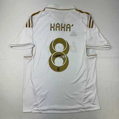 Autographed white Adidas Kaka Real Madrid jersey with gold trim, number 8, signature, Beckett COA