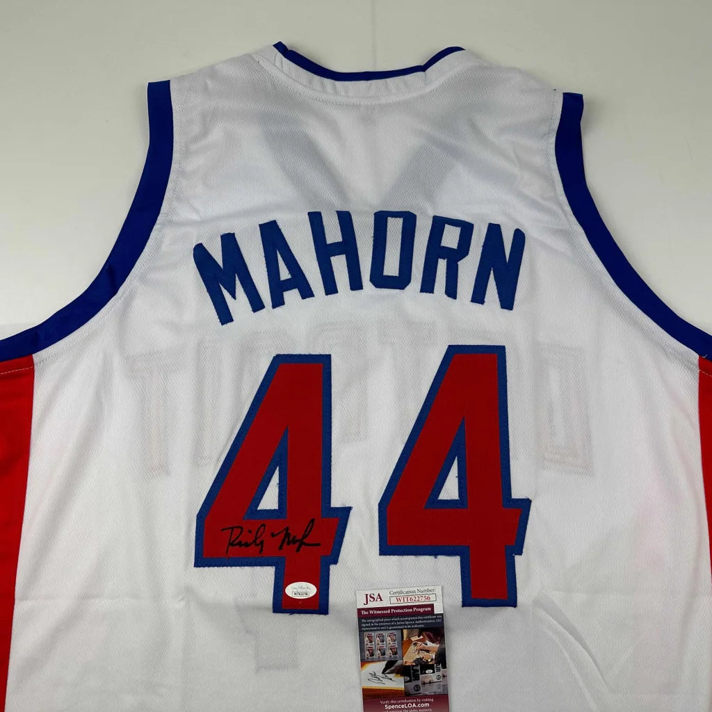 Rick Mahorn Detroit white signed jersey with JSA COA and blue trim, autographed by Mahorn