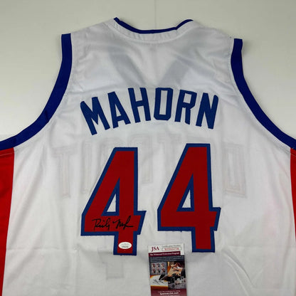 Rick Mahorn Detroit white signed jersey with JSA COA and blue trim, autographed by Mahorn