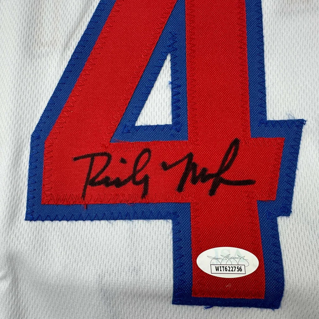 Autographed Paul Pierce custom jersey in white with red 4, blue trim, JSA authenticated