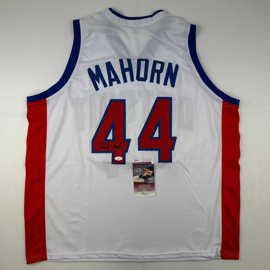 Autographed Rick Mahorn custom jersey in white with blue red accents, number 44
