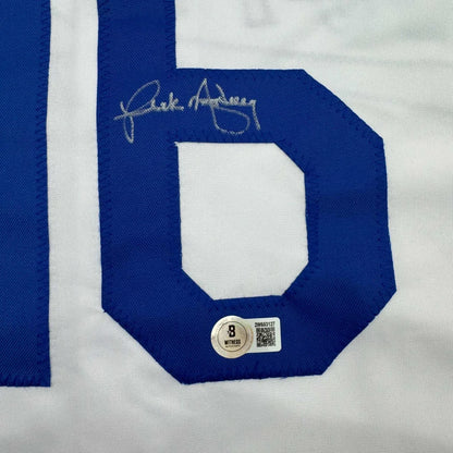 Autographed Rick Monday custom LA Dodgers white baseball jersey with blue number 6, Beckett BAS