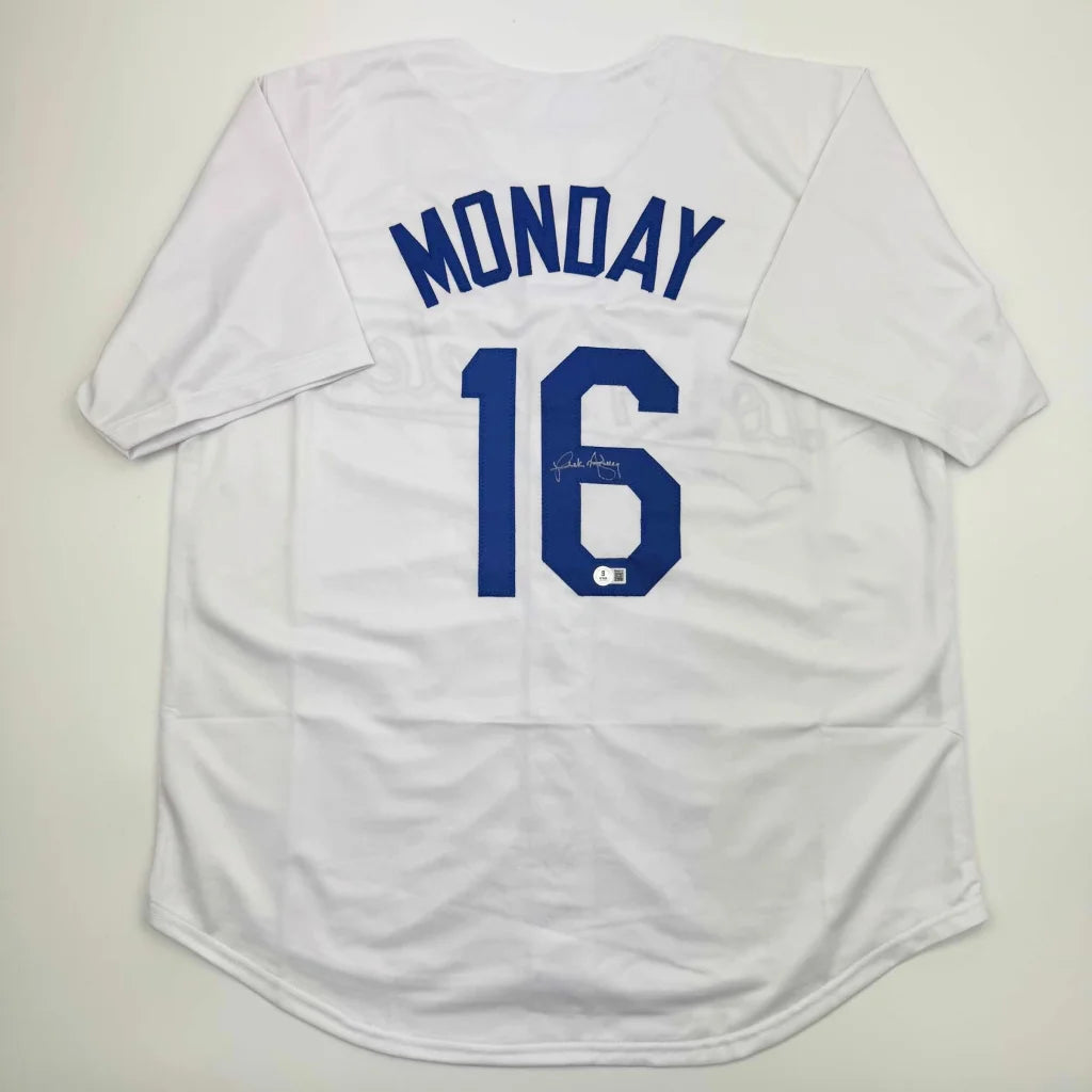 Back of autographed Rick Monday Los Angeles white custom jersey number 16 Monday Beckett BAS COA
