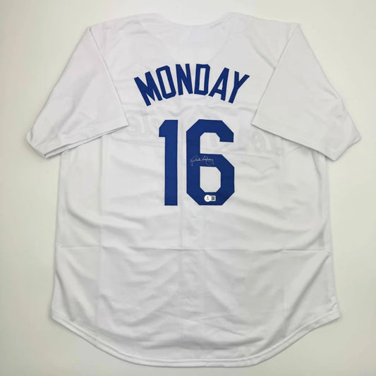 Back of autographed Rick Monday Los Angeles white custom jersey number 16 Monday Beckett BAS COA