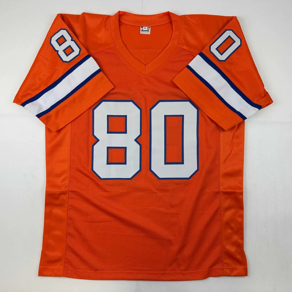 Orange custom jersey with white and blue stripes for professional sports league fans