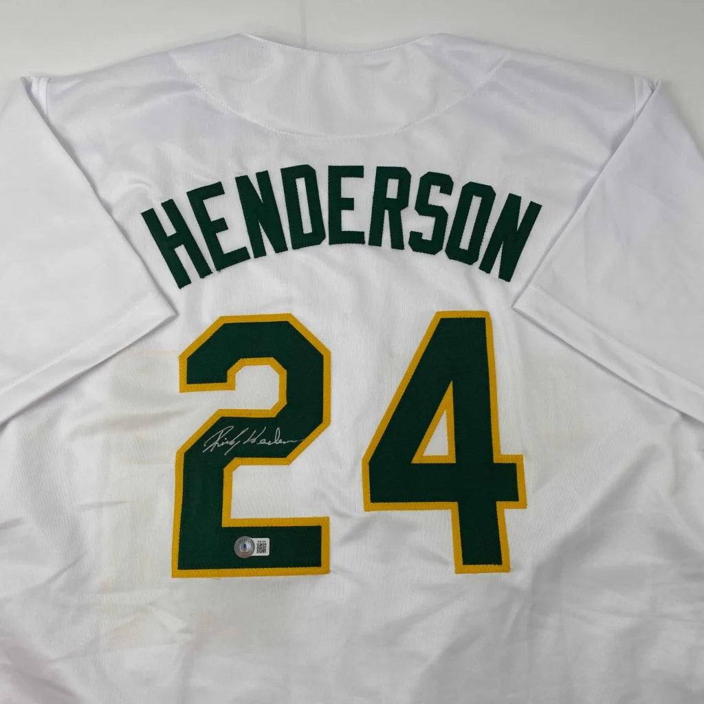 Autographed Rickey Henderson Oakland white custom jersey, number 24, Beckett COA