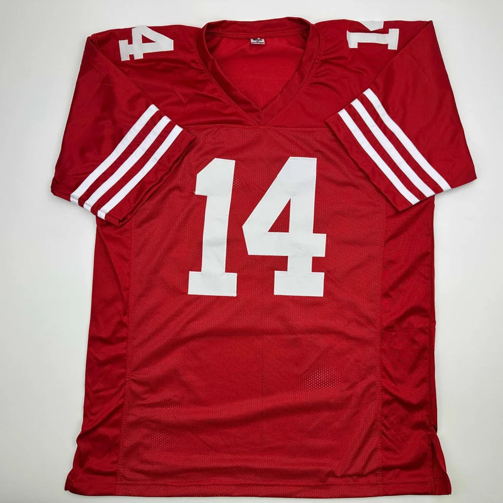 Red custom jersey with white number 14 and stripes for professional sports fans