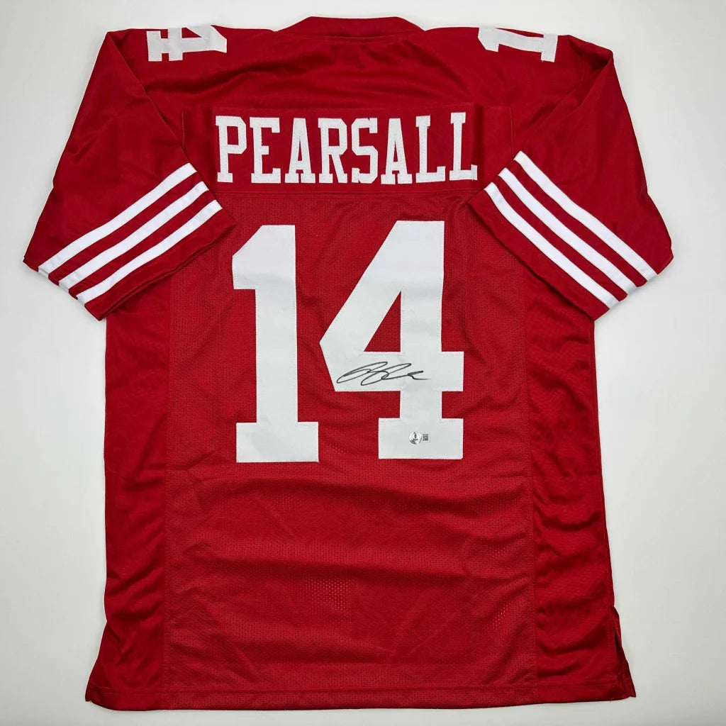 Red custom jersey with white stripes and number 14 for professional sports fans