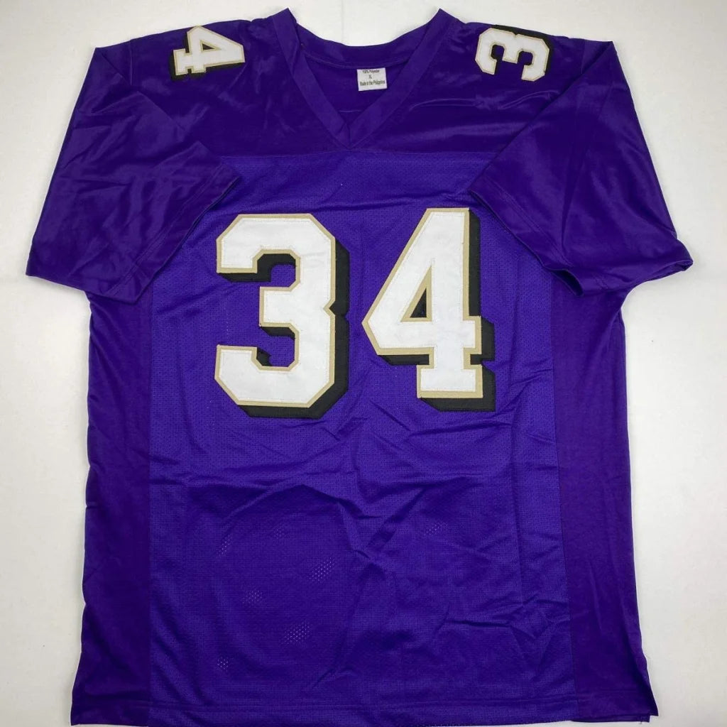 Custom purple sports league jersey with white and gold 34 for professional sports fans