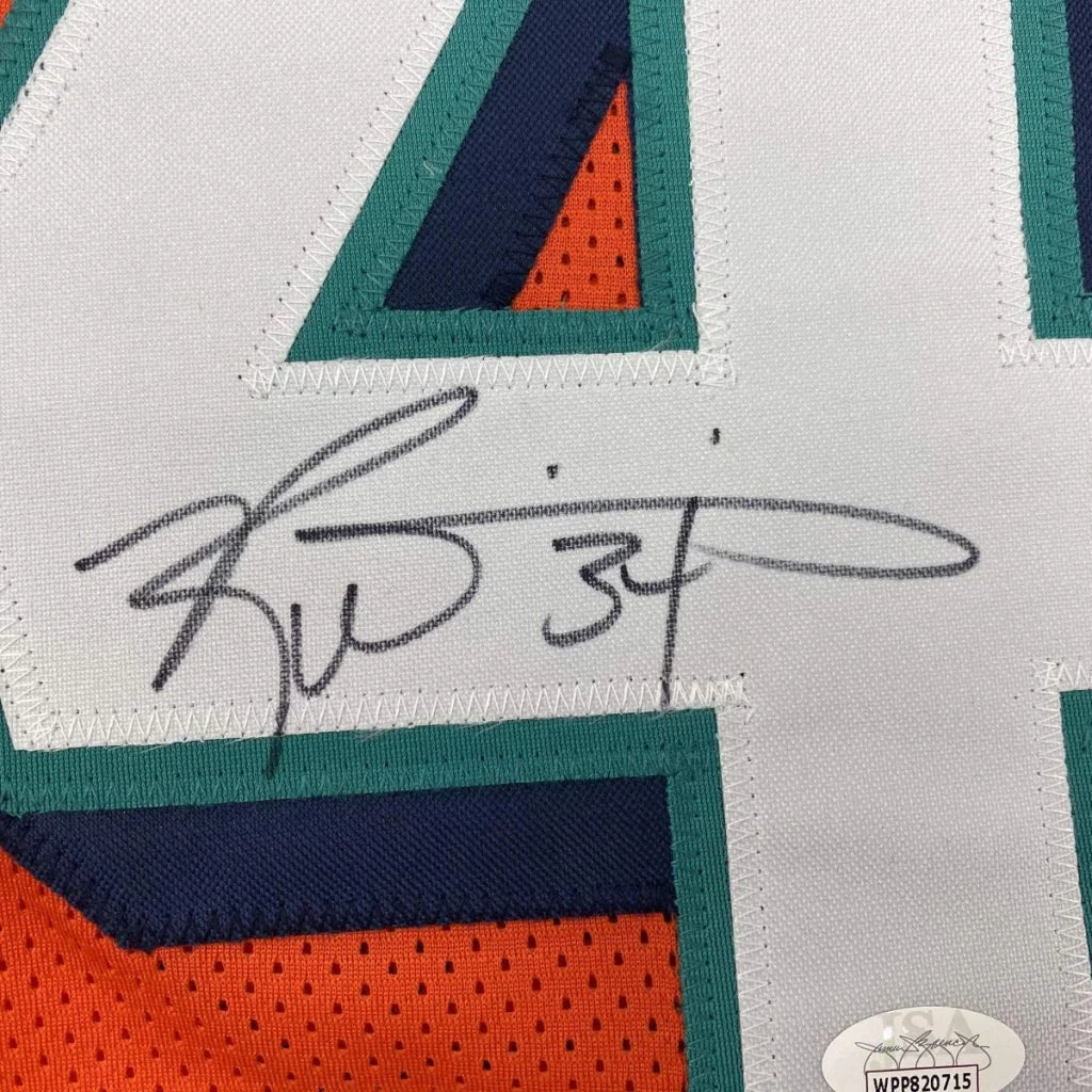 Autographed custom Miami Dolphins football jersey with number 34 in white teal and orange from professional sports league