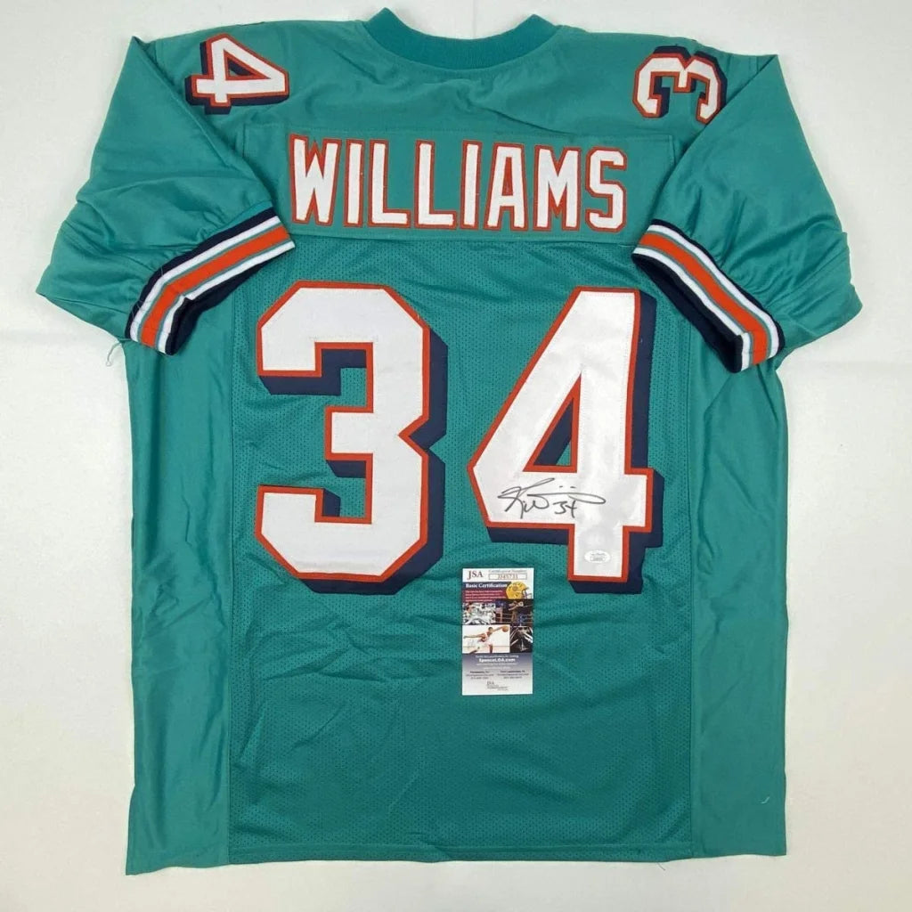 Back of autographed Ricky Williams teal Miami Dolphins custom jersey number 34 JSA COA
