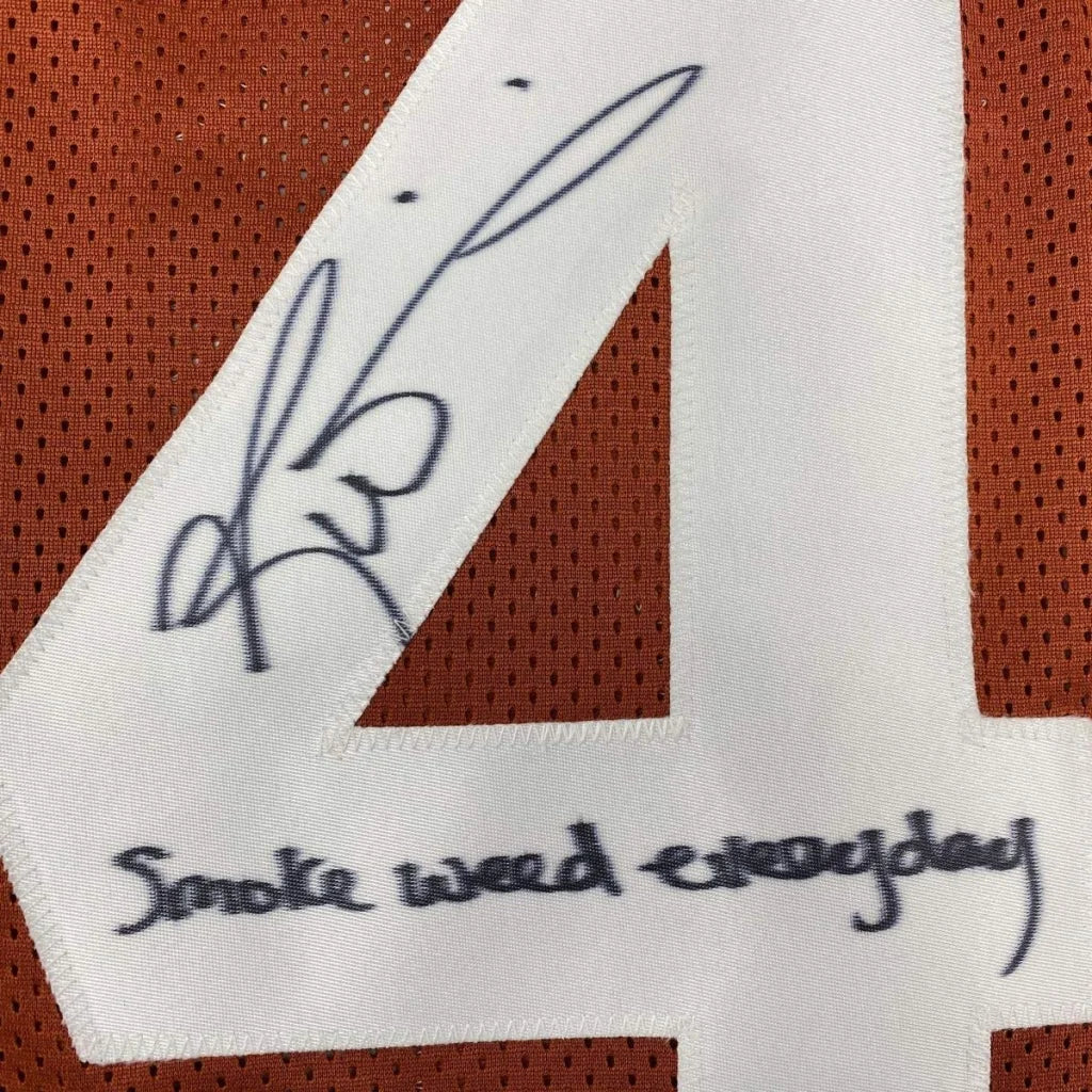 Autographed rust-colored mesh texas football custom jersey with white number four patch and smoke weed everyday inscription