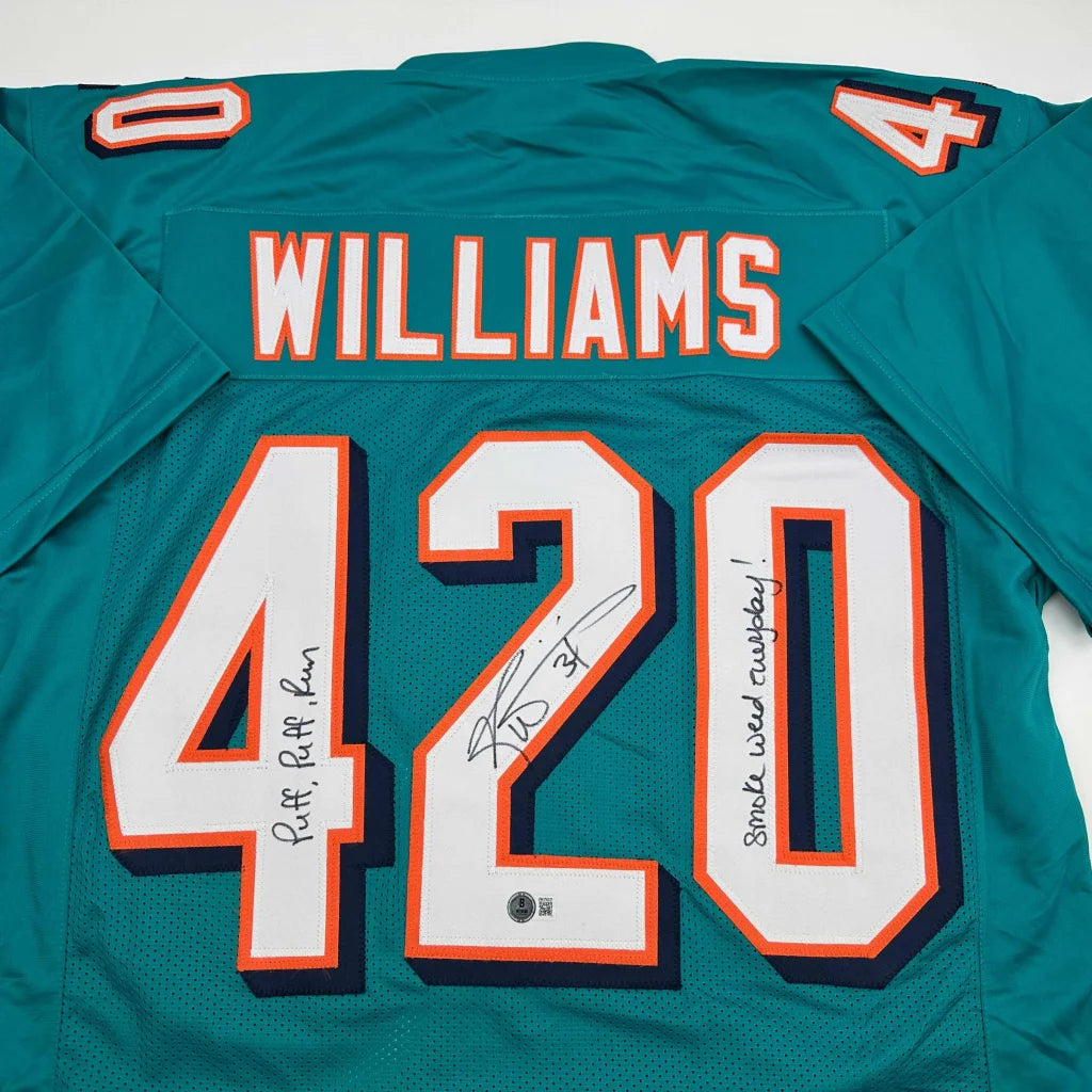 Autographed Ricky Williams Smoke Weed Everyday Puff Puff Run #420 Inscribed Miami Teal Football Jersey Beckett BAS COA | Certified Authentic Signed Memorabilia | vintageantiquesgifts.com